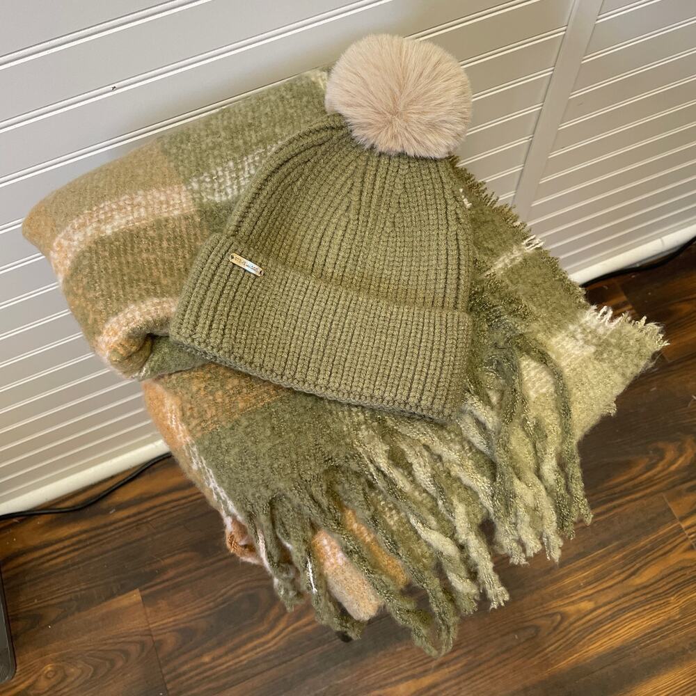 Steve Madden Olive Green and Tan Scarf Hat Glove Set